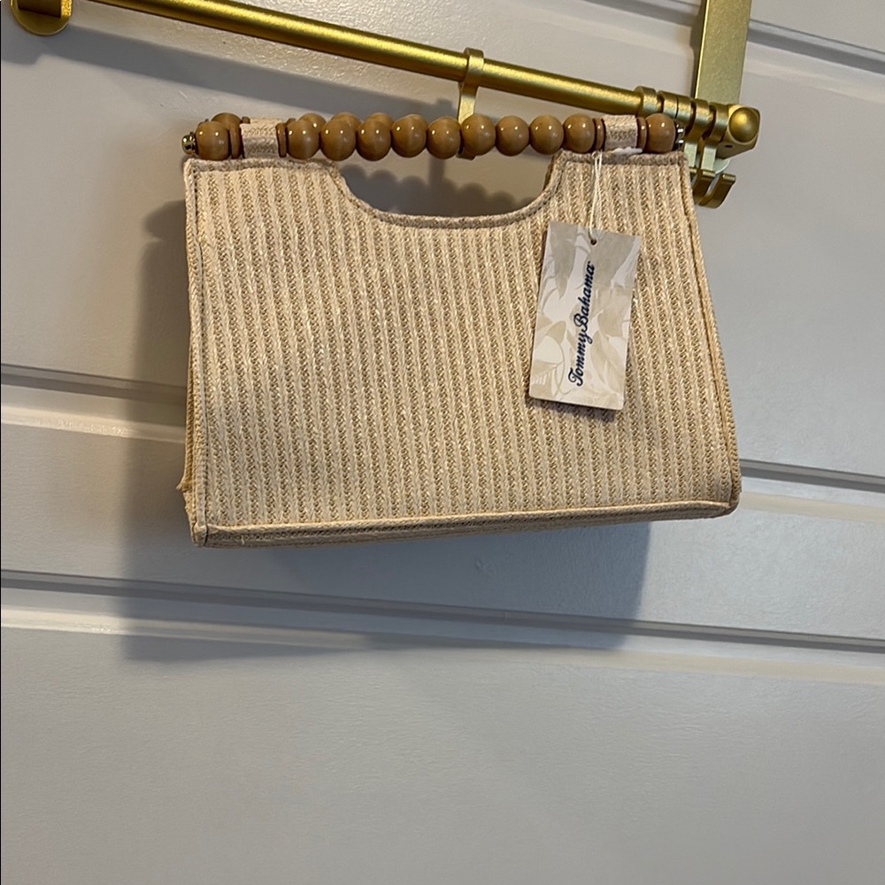 Cream Striped Clutch with Wooden Handle